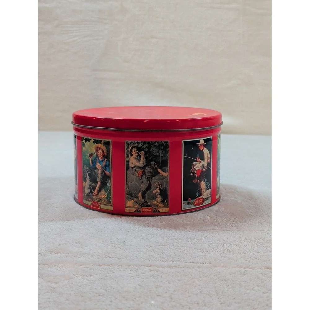 Vintage 1990 Coca-Cola Round‎ Metal Tin Red Collectible Nostalgic Illustrations